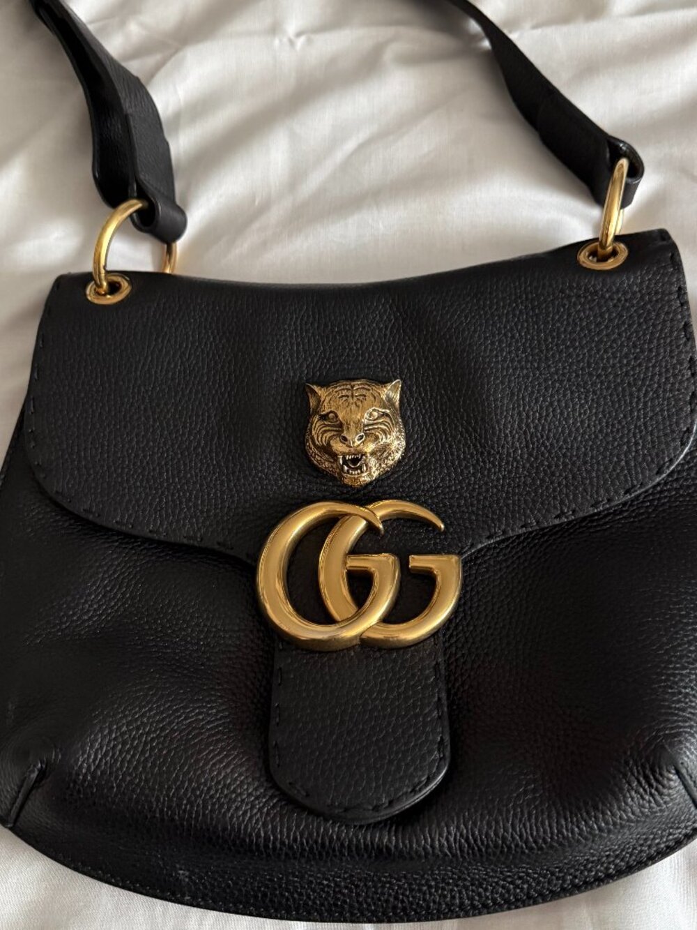 Gucci GG Marmont Liber Tiger Cat Head Black Leather Shoulder Bag